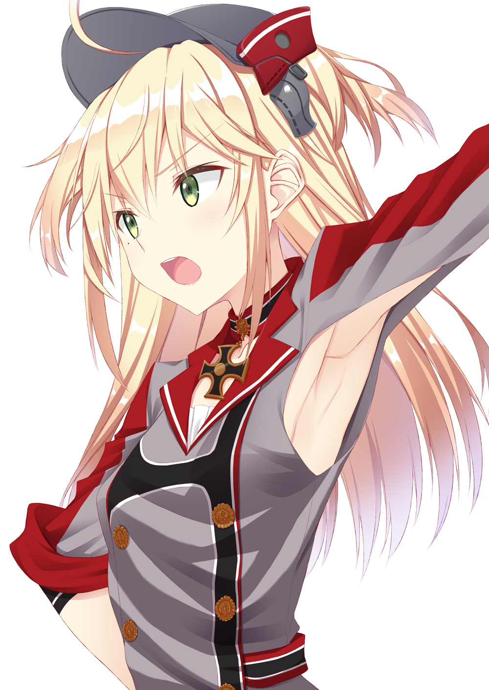 1girl :o admiral_hipper_(azur_lane) ahoge armpit_cutout armpits azur_lane blonde_hair buttons choker fuji_yoshida green_eyes hat highres iron_cross long_hair mole mole_under_eye open_mouth simple_background sleeves_rolled_up solo two_side_up upper_body visor_cap white_background