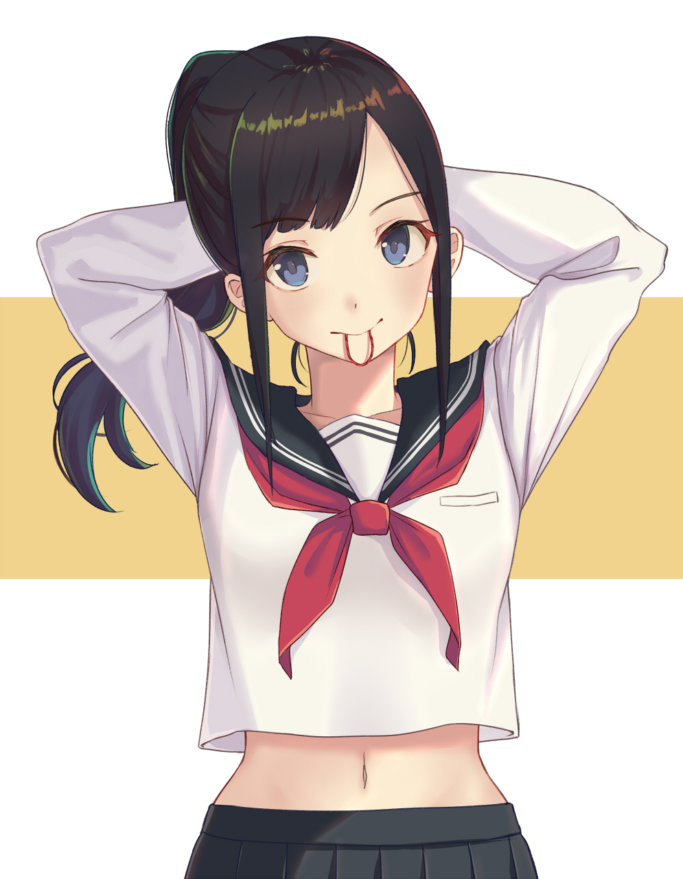 1girl arms_behind_head arms_up bangs black_hair black_sailor_collar black_skirt blue_eyes closed_mouth collarbone commentary_request crop_top crop_top_overhang floating_hair hair_tie hair_tie_in_mouth highres itachi_kanade long_hair long_sleeves looking_at_viewer midriff mouth_hold navel neckerchief original pleated_skirt ponytail red_neckwear sailor_collar sanpaku school_uniform serafuku shirt sidelocks skirt smile solo stomach two-tone_background upper_body white_background white_shirt yellow_background