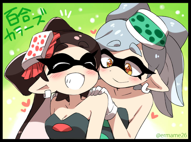 &gt;_&lt; +_+ 2girls :d aori_(splatoon) artist_name bare_shoulders black_border black_hair blush border breasts cleavage closed_eyes domino_mask dress earrings eromame eyebrows gloves grey_hair hair_bun heart hotaru_(splatoon) jewelry long_hair mask massage medium_breasts multiple_girls open_mouth pointy_ears smile splatoon splatoon_(series) splatoon_1 symbol-shaped_pupils tentacle_hair thick_eyebrows white_gloves