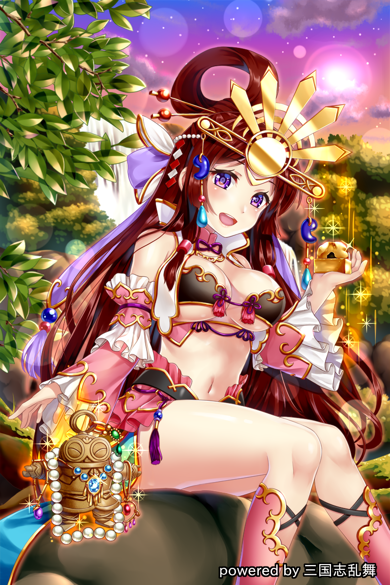 1girl :d bare_shoulders beads blue_skirt breasts cleavage clouds cloudy_sky detached_sleeves doguu evening feet_out_of_frame frilled_sleeves frills gradient_sky hair_ornament hair_ribbon hair_rings hairpin hakuda_tofu hand_up headgear heart highres holding jewelry kneehighs knees_together_feet_apart light_particles long_hair long_sleeves looking_at_viewer magic medium_breasts nature navel official_art open_mouth outdoors pink_legwear purple_ribbon redhead revealing_clothes ribbon rock sangokushi_ranbu sidelocks sitting skirt sky sleeves_past_wrists smile solo sparkle stomach tassel thighs tree_branch upper_teeth very_long_hair violet_eyes water waterfall watermark wide_sleeves
