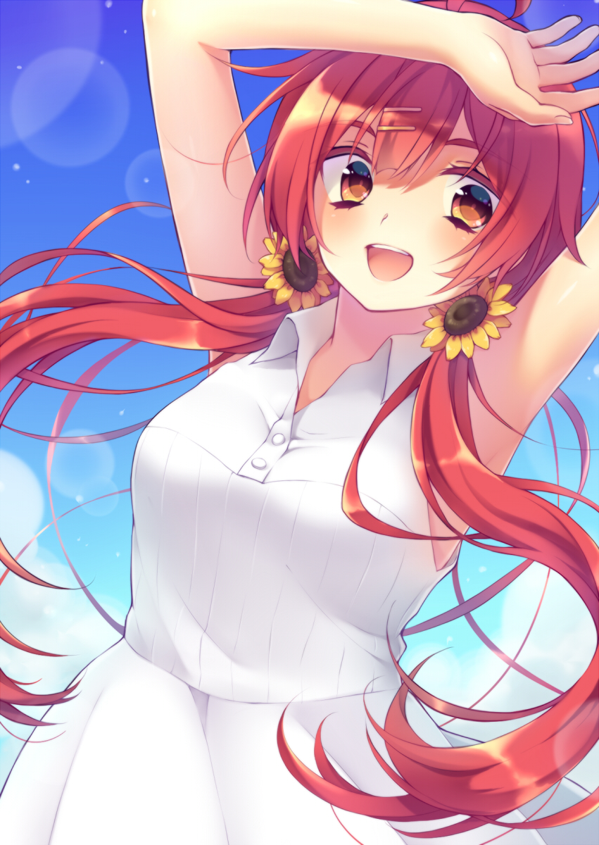1girl :d armpits arms_up dress floating_hair flower fuyu_rin hair_between_eyes hair_flower hair_ornament highres lens_flare long_hair looking_at_viewer open_mouth orange_eyes original redhead shiny shiny_skin sleeveless sleeveless_dress smile solo standing sundress sunflower twintails very_long_hair white_dress