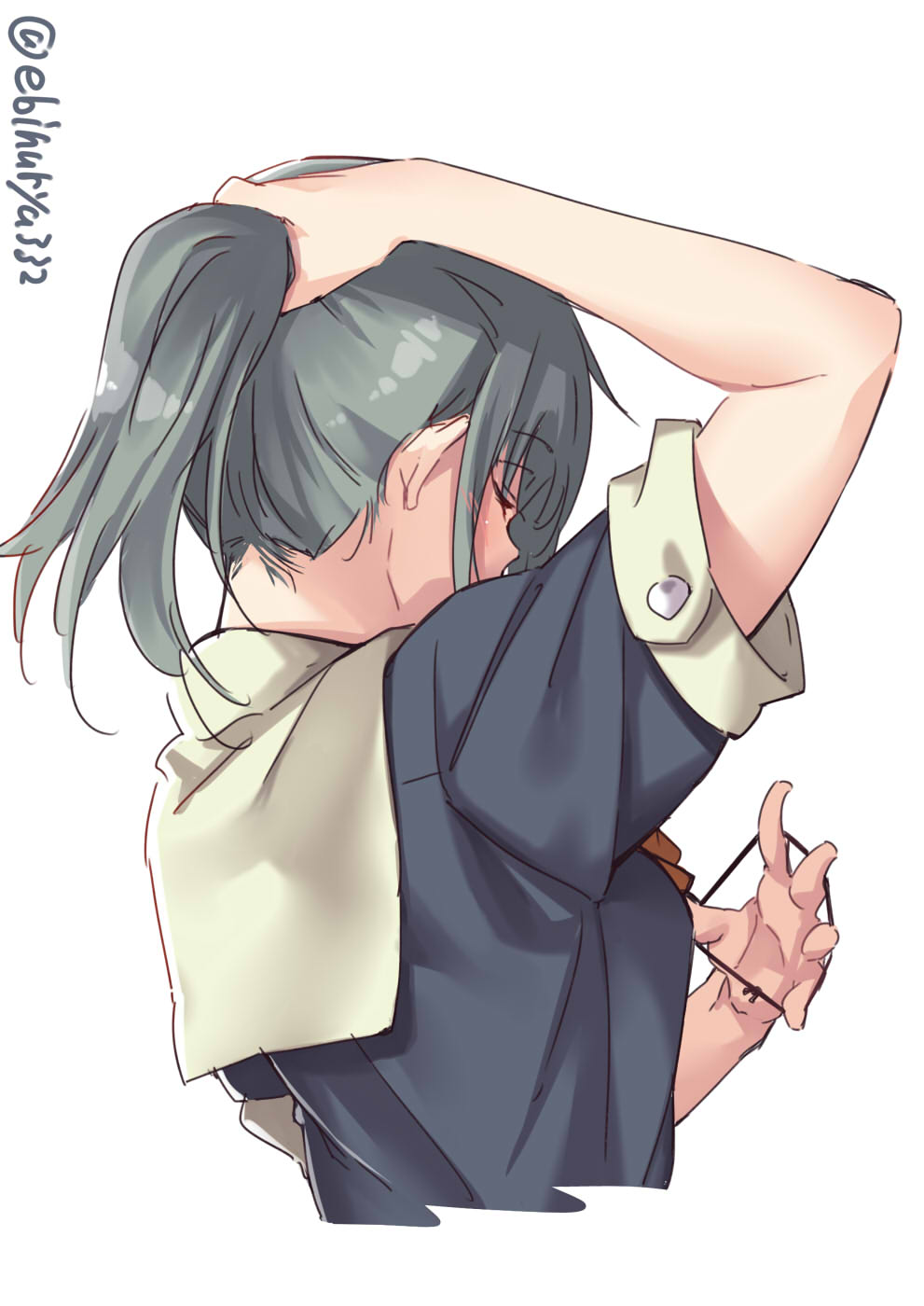 1girl arms_up bangs bow bowtie breasts closed_eyes ebifurya eyebrows_visible_through_hair eyes_visible_through_hair from_behind green_hair hair_bow highres kantai_collection medium_breasts ponytail sailor_collar school_uniform serafuku short_ponytail short_sleeves solo tying_hair upper_body white_background yuubari_(kantai_collection)