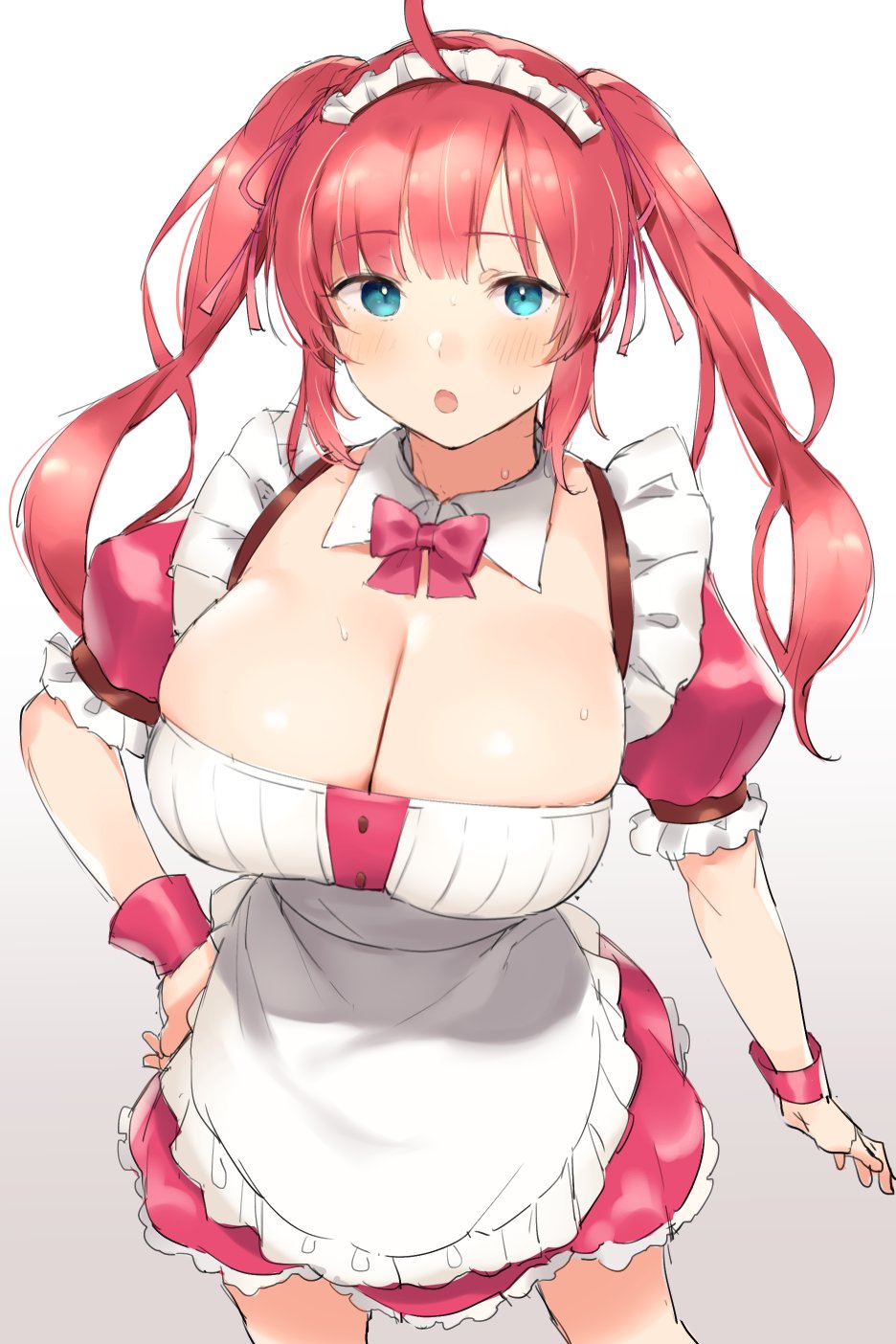 1girl ahoge apron azur_lane blue_eyes blush breasts cleavage commentary_request detached_collar dress eyebrows_visible_through_hair frilled_apron frills hair_ribbon highres huge_breasts long_hair maid_dress maid_headdress nekoshoko open_mouth pink_dress puffy_sleeves red_ribbon redhead ribbon san_diego_(azur_lane) short_sleeves solo standing sweat tied_hair twintails waist_apron white_apron wrist_cuffs