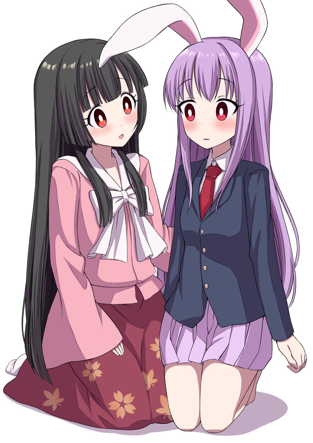 2girls animal_ears bangs black_hair blouse blunt_bangs blush bow bright_pupils commentary_request eyebrows_visible_through_hair floral_print head_tilt highres hime_cut houraisan_kaguya japanese_clothes kneeling lavender_hair lavender_skirt leaf_print long_hair long_sleeves multiple_girls necktie open_mouth pink_blouse pleated_skirt rabbit_ears red_eyes red_neckwear red_skirt reisen_udongein_inaba seiza shadow sidelocks simple_background sitting skirt suit_jacket tabi touhou tsukimirin very_long_hair white_background white_bow white_legwear white_pupils