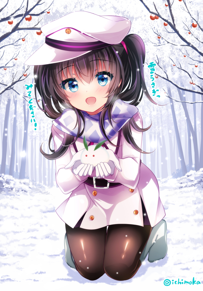 1girl :d bangs blue_eyes boots brown_hair brown_legwear collared_coat commentary_request day eyebrows_visible_through_hair gloves hair_between_eyes hat holding ichiyou_moka kneeling long_hair long_sleeves open_mouth original outdoors pantyhose peaked_cap smile snow snow_bunny snowing solo translated tree two_side_up white_coat white_footwear white_gloves white_hat