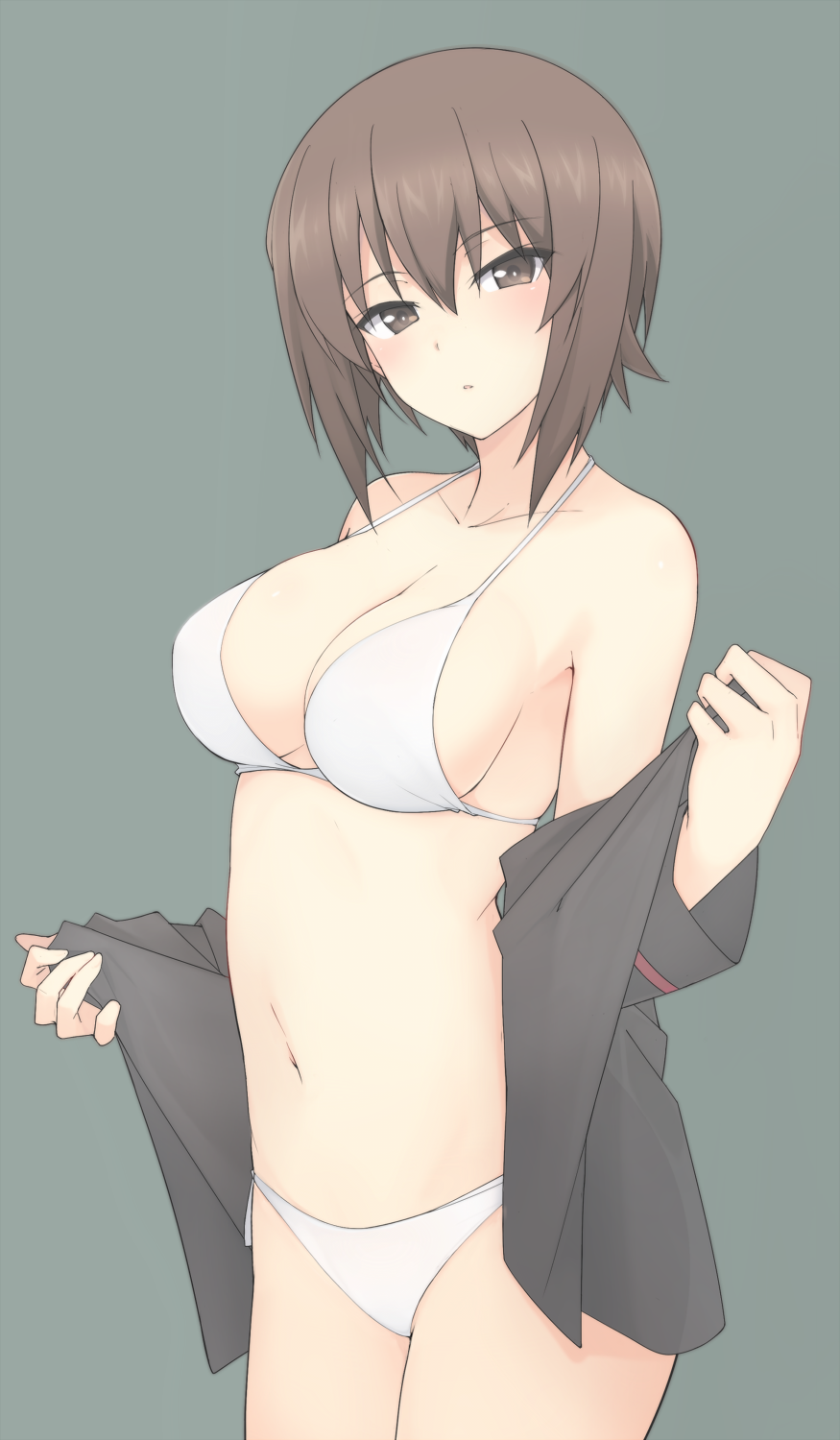 1girl bangs bare_shoulders bikini black_shirt breasts brown_eyes brown_hair cleavage collarbone cowboy_shot girls_und_panzer grey_background hair_between_eyes halter_top halterneck head_tilt highres long_sleeves looking_at_viewer medium_breasts mobu navel nishizumi_maho off_shoulder open_clothes open_shirt parted_lips shirt short_hair side-tie_bikini simple_background solo standing stomach swimsuit white_bikini