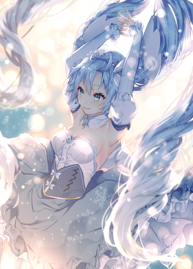 1girl arms_up bangs bare_shoulders blue_hair blush detached_collar detached_sleeves dress eyebrows_visible_through_hair fingers_together frilled_dress frills grey_eyes hatsune_miku juliet_sleeves long_hair long_sleeves open_mouth puffy_sleeves shiomizu_(swat) snowflakes solo strapless strapless_dress tiara twintails very_long_hair vocaloid yuki_miku