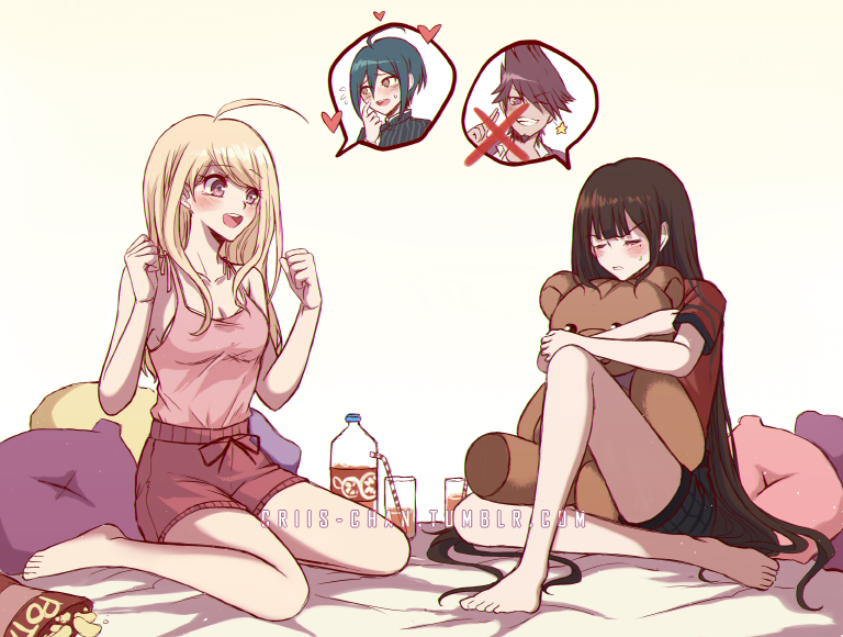 2boys 2girls :d ahoge akamatsu_kaede barefoot beard bed_sheet black_ribbon black_shorts blonde_hair blush breasts brown_eyes brown_hair cleavage closed_eyes collarbone criis-chan cross dangan_ronpa drinking_straw eyebrows_visible_through_hair facial_hair grin hair_over_eyes harukawa_maki heart long_hair medium_breasts momota_kaito multiple_boys multiple_girls new_dangan_ronpa_v3 open_mouth pillow pink_shirt red_shirt red_shorts ribbon saihara_shuuichi shirt short_shorts short_sleeves shorts simple_background sitting sleeveless sleeveless_shirt smile speech_bubble stuffed_animal stuffed_toy sweatdrop teddy_bear very_long_hair wariza watermark web_address white_background