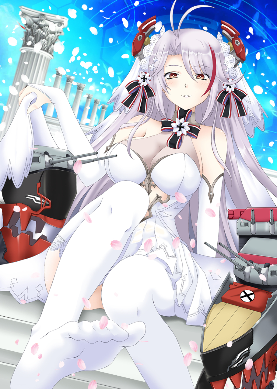 1girl antenna_hair azur_lane bangs bare_shoulders blush breasts bridal_gauntlets bridal_veil cleavage commentary_request dress elbow_gloves eyebrows_visible_through_hair feet gloves headgear highres kagura_ittou large_breasts long_hair looking_at_viewer multicolored_hair parted_lips petals prinz_eugen_(azur_lane) prinz_eugen_(symphonic_fate)_(azur_lane) redhead silver_hair sitting smile solo streaked_hair swept_bangs thigh-highs veil very_long_hair wedding_dress white_dress white_gloves white_legwear