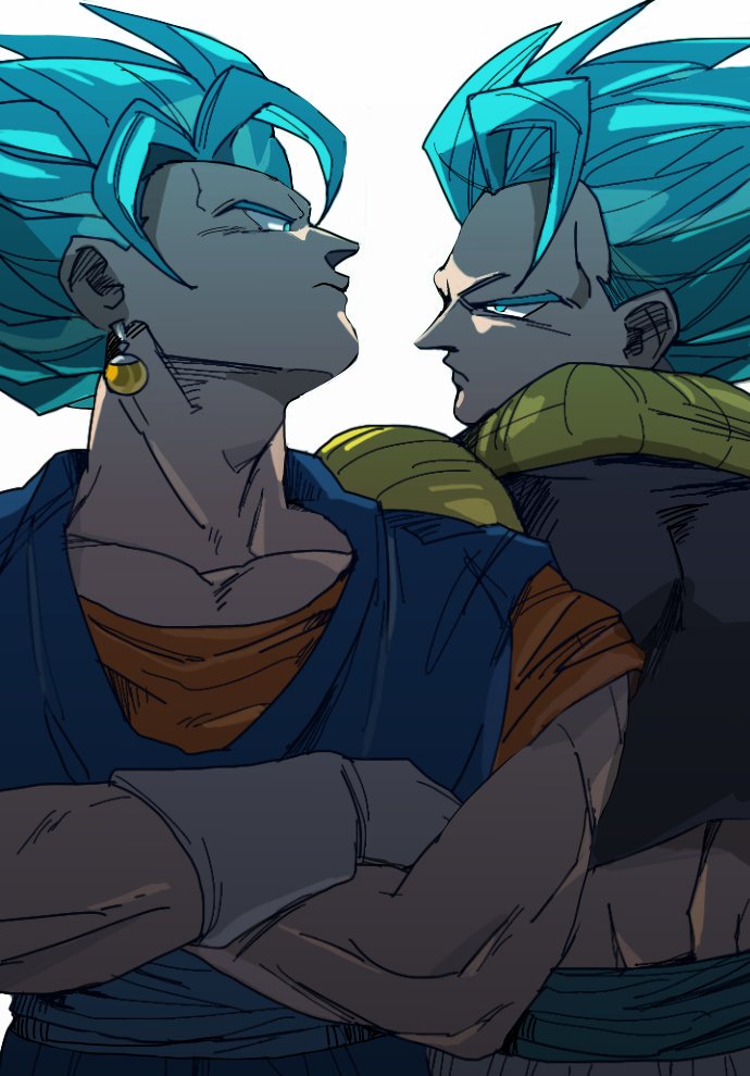 2boys blue_eyes blue_hair crossed_arms dragon_ball dragon_ball_super dragon_ball_super_broly dragonball_z earrings expressionless facing_away frown gloves gogeta jewelry looking_back male_focus multiple_boys potara_earrings profile serious shaded_face short_hair simple_background spiky_hair super_saiyan_blue tako_jirou vegetto white_background white_gloves