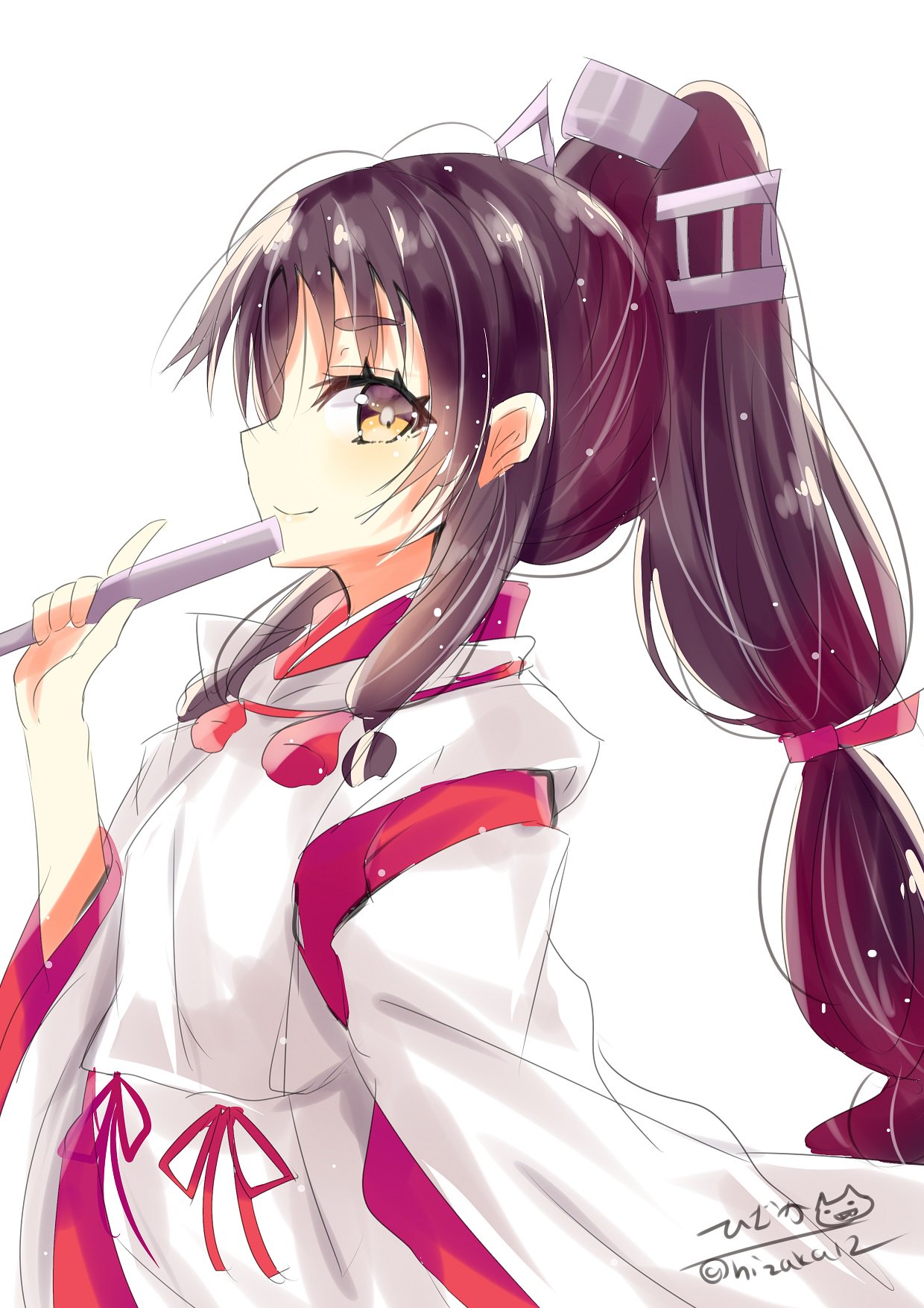 1girl black_hair blush brown_eyes closed_mouth fan folding_fan hair_ornament hair_ribbon hair_tie hakama headgear high_ponytail highres hizaka japanese_clothes kantai_collection long_hair long_sleeves looking_at_viewer multi-tied_hair nisshin_(kantai_collection) okobo red_hakama red_ribbon ribbon ribbon-trimmed_sleeves ribbon_trim short_eyebrows simple_background smile solo thick_eyebrows twitter_username very_long_hair white_background wide_sleeves