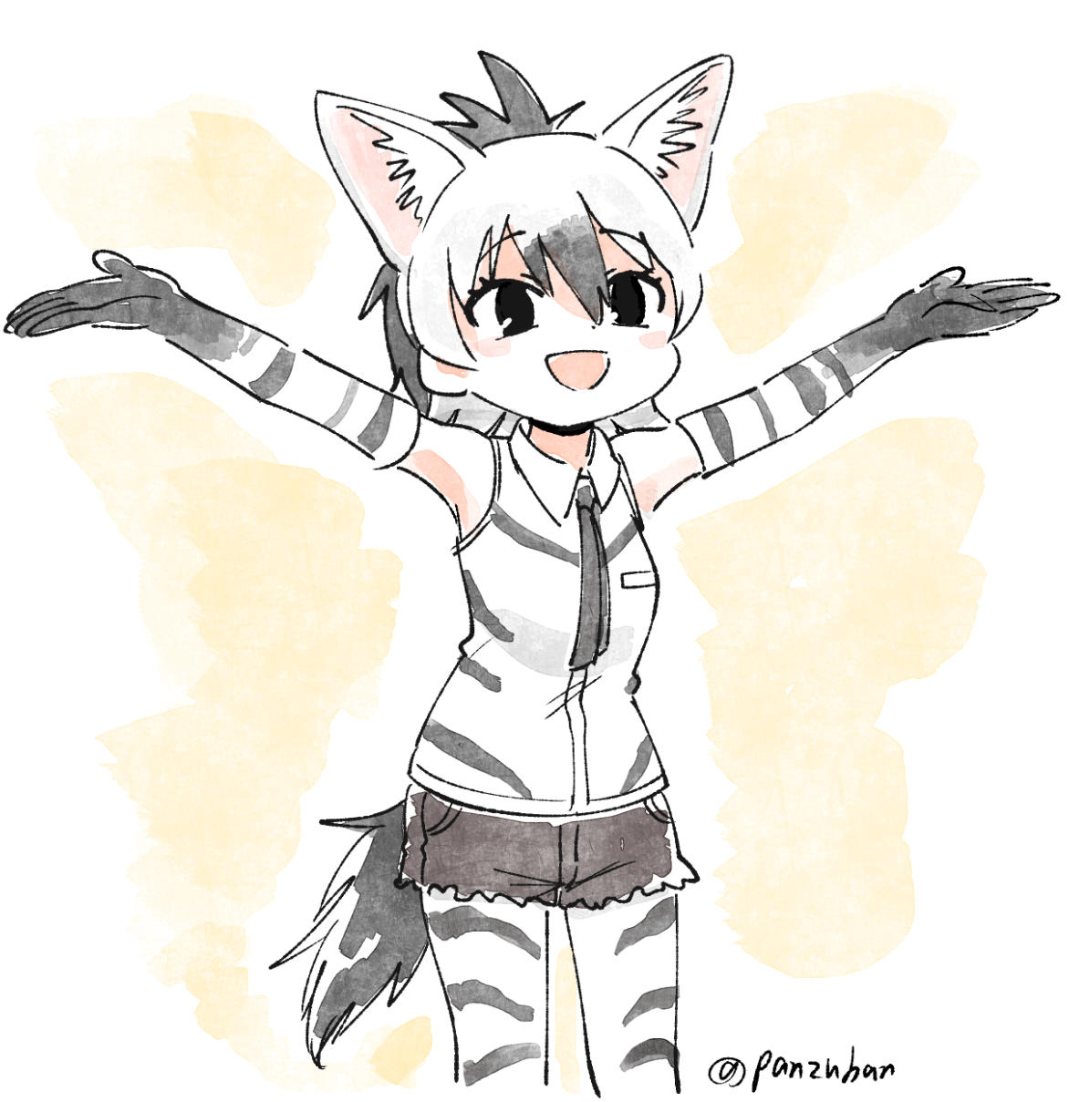 1girl :d aardwolf_(kemono_friends) aardwolf_ears aardwolf_print aardwolf_tail animal_ear_fluff arms_up artist_name black_eyes black_hair black_neckwear collared_shirt commentary_request cutoffs elbow_gloves extra_ears gloves hair_between_eyes highres kemono_friends legwear_under_shorts medium_hair multicolored_hair necktie open_mouth outstretched_arms pantyhose panzuban ponytail print_gloves print_legwear print_shirt shirt short_shorts shorts simple_background sleeveless sleeveless_shirt smile solo spread_arms twitter_username two-tone_hair white_hair