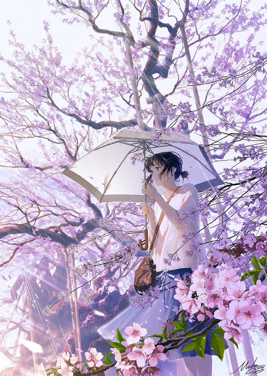 1girl bag black_hair blue_skirt branch brown_eyes cherry_blossoms closed_mouth commentary_request day flower hair_bun highres holding holding_umbrella looking_away mocha_(cotton) original outdoors pink_flower purple_flower rain revision shirt short_sleeves shoulder_bag signature skirt smile solo tree umbrella white_shirt white_umbrella wide_sleeves