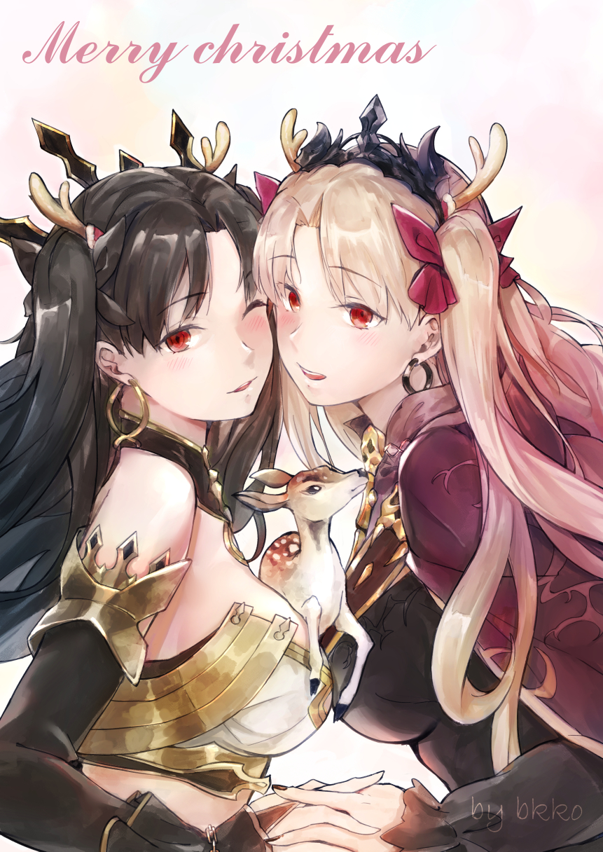 2girls antlers armlet artist_name bangs bare_shoulders between_breasts bk201 black_hair black_nails blonde_hair blush breast_press breasts bridal_gauntlets bustier cape chains cheek-to-cheek christmas crown earrings ereshkigal_(fate/grand_order) eyebrows_visible_through_hair fake_antlers fate/grand_order fate_(series) fawn from_side gold highres hoop_earrings ishtar_(fate/grand_order) jewelry large_breasts looking_at_viewer merry_christmas multiple_girls nail_polish necklace one_eye_closed parted_bangs red_cape red_eyes reindeer_antlers smile strapless symmetrical_docking two_side_up upper_body