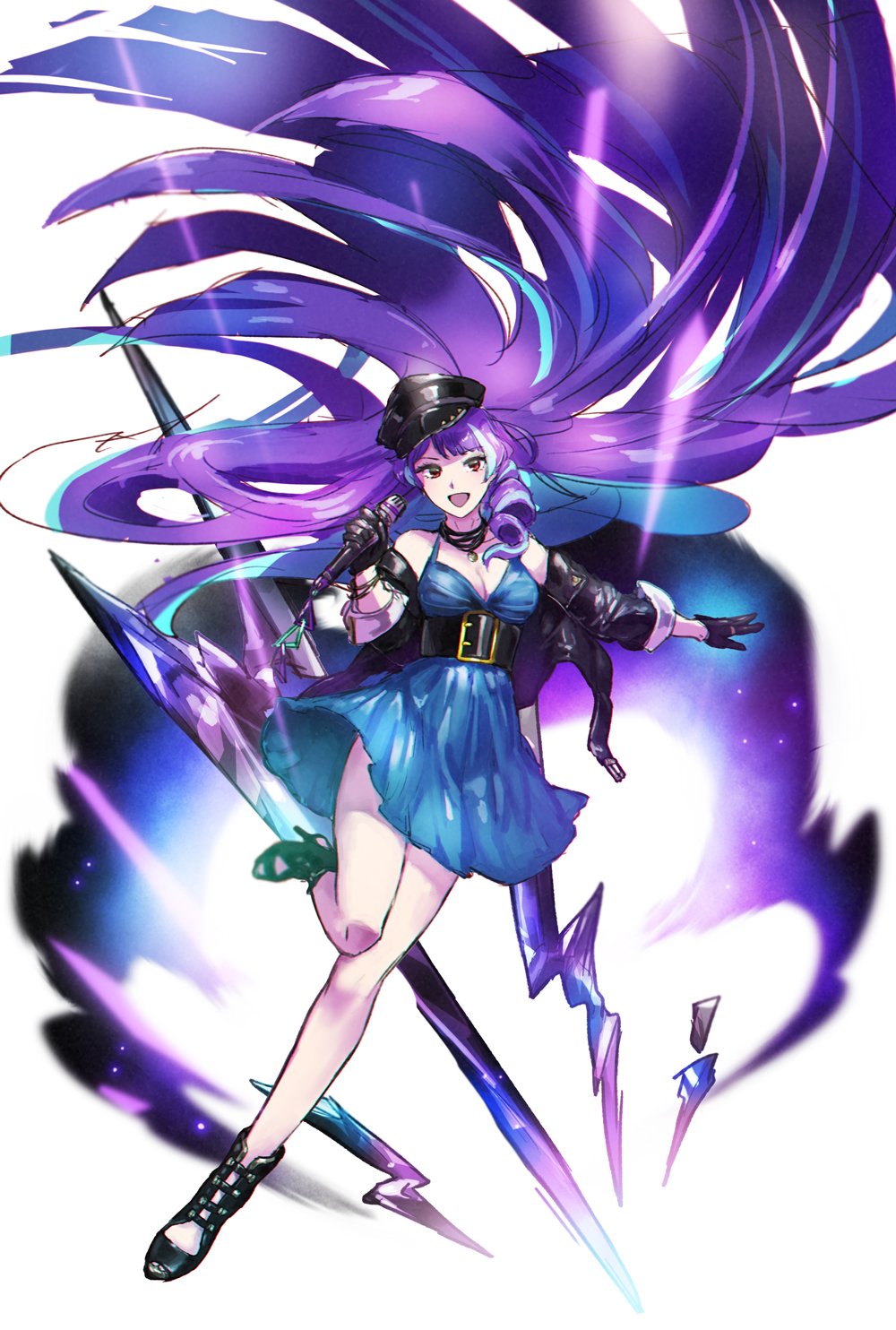 1girl :d absurdly_long_hair black_footwear black_gloves black_hat black_jacket blue_dress breasts cleavage corset dress drill_hair floating_hair full_body gloves hat high_heels highlights highres holding holding_microphone jacket leg_up long_hair long_sleeves looking_at_viewer macross macross_delta medium_breasts microphone mikumo_guynemer multicolored_hair open_clothes open_jacket open_mouth protected_link purple_hair red_eyes shimatani_azu short_dress sleeveless sleeveless_dress smile solo standing standing_on_one_leg very_long_hair white_background