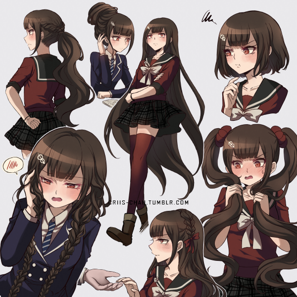 1girl :t alternate_costume alternate_hair_length alternate_hairstyle arm_behind_back black_sailor_collar black_skirt blue_jacket blush bow bracelet braid brown_hair collarbone criis-chan crown_braid dangan_ronpa embarrassed grey_background grey_bow grey_neckwear hair_bow hair_ornament harukawa_maki holding holding_hair jacket jewelry legs_crossed long_hair long_sleeves miniskirt necktie new_dangan_ronpa_v3 pleated_skirt ponytail red_bow red_eyes red_legwear red_shirt sailor_collar shirt short_hair short_sleeves simple_background skirt speech_bubble striped striped_neckwear sweatdrop thigh-highs twin_braids twintails very_long_hair zettai_ryouiki