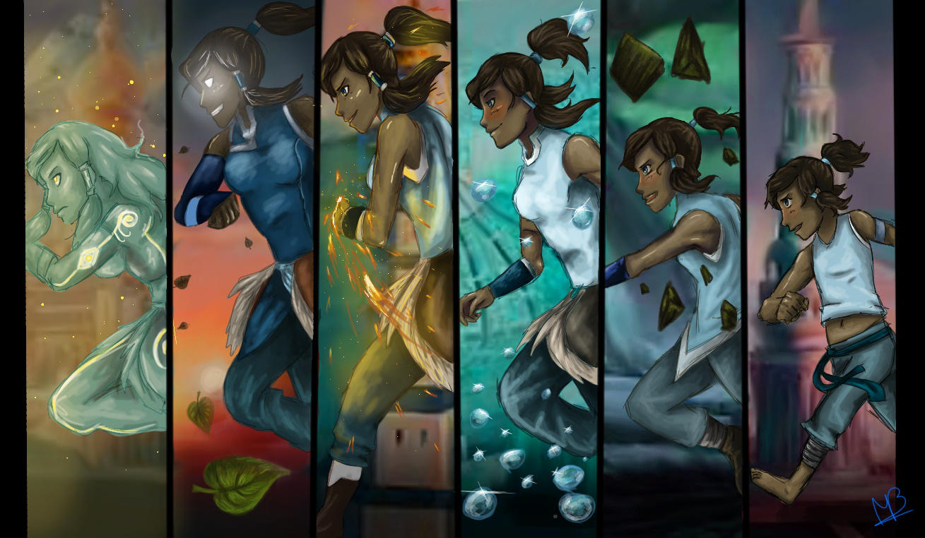 1girl abs armlet avatar_(series) bare_shoulders blue_eyes breasts brown_hair dark_skin element_bending eyeshadow glowing glowing_eye glowing_eyes hair_tubes high_ponytail interracial korra long_hair makeup medium_breasts muscle muscular_female ponytail smile solo spilarblue the_legend_of_korra toned topknot vambraces