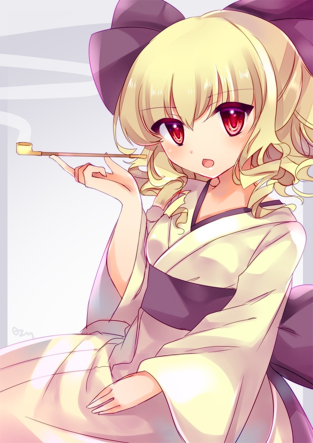 1girl alternate_costume alternate_headwear arm_up blonde_hair blue_background breasts chestnut_mouth commentary_request drill_hair eyebrows_visible_through_hair gradient gradient_background hair_between_eyes hair_ribbon hand_on_lap head_tilt highres holding holding_pipe japanese_clothes kimono kiseru kujou_mikuru long_sleeves looking_at_viewer luna_child obi pipe red_eyes ribbon sash sitting small_breasts solo touhou white_kimono