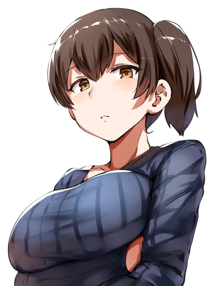 1girl alternate_costume blue_sweater breasts brown_eyes brown_hair crossed_arms from_below hair_between_eyes kaga_(kantai_collection) kantai_collection large_breasts lolicept looking_at_viewer short_hair side_ponytail simple_background solo striped striped_sweater sweater white_background