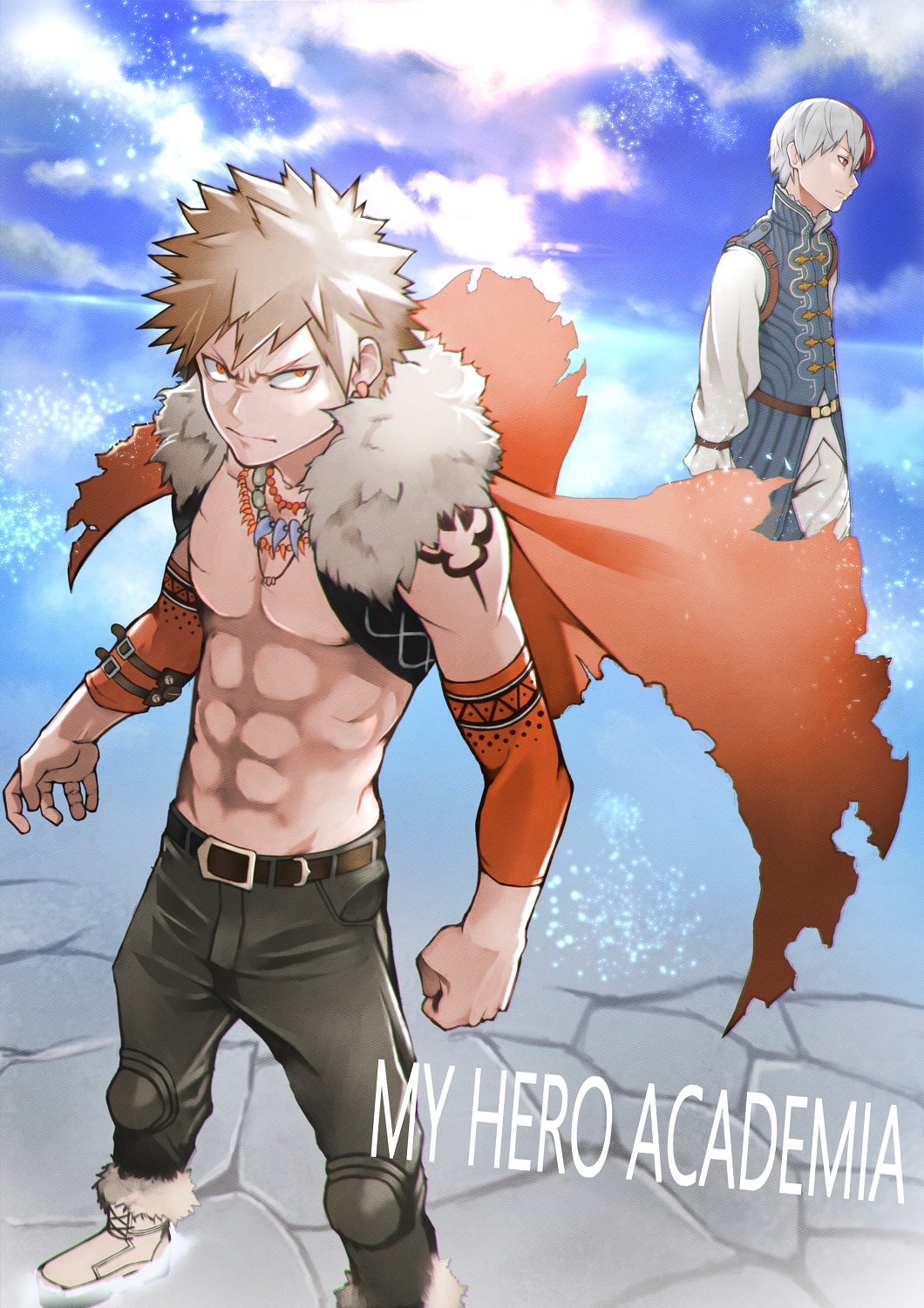 2boys 55level alternate_costume angry bakugou_katsuki bare_chest belt blonde_hair blue_jacket boku_no_hero_academia boots brown_belt brown_legwear cape clouds cloudy_sky commentary_request day detached_sleeves earrings elbow_sleeve full_body fur-trimmed_boots fur-trimmed_cape fur_trim highres jacket jewelry long_sleeves multicolored_hair multiple_boys muscle necklace orange_sleeves outdoors pants redhead shirt short_hair shoulder_tattoo sky sleeveless sleeveless_jacket spiky_hair standing tattoo title todoroki_shouto torn_clothes two-tone_hair v-shaped_eyebrows white_footwear white_hair white_legwear white_shirt