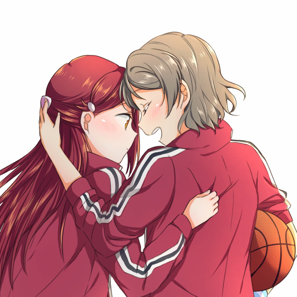 2girls arm_around_shoulder basketball blush closed_eyes from_behind grey_hair hair_ornament hairclip half_updo hand_on_another's_back jacket long_hair long_sleeves love_live! love_live!_sunshine!! multiple_girls open_mouth red_jacket redhead sakurauchi_riko short_hair simple_background smile sweatband track_jacket upper_body watanabe_you white_background yuchi_(salmon-1000)