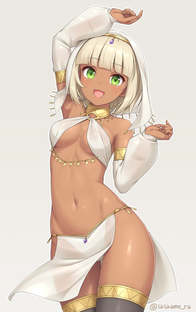 1girl :3 :d arm_up bangs black_legwear blonde_hair blunt_bangs bob_cut breasts cowboy_shot dark_skin detached_sleeves eyebrows_visible_through_hair green_eyes grey_background halterneck harem_outfit medium_breasts midriff navel open_mouth original panties pelvic_curtain revealing_clothes sasaame see-through short_hair simple_background smile solo thigh-highs twitter_username underwear veil white_panties