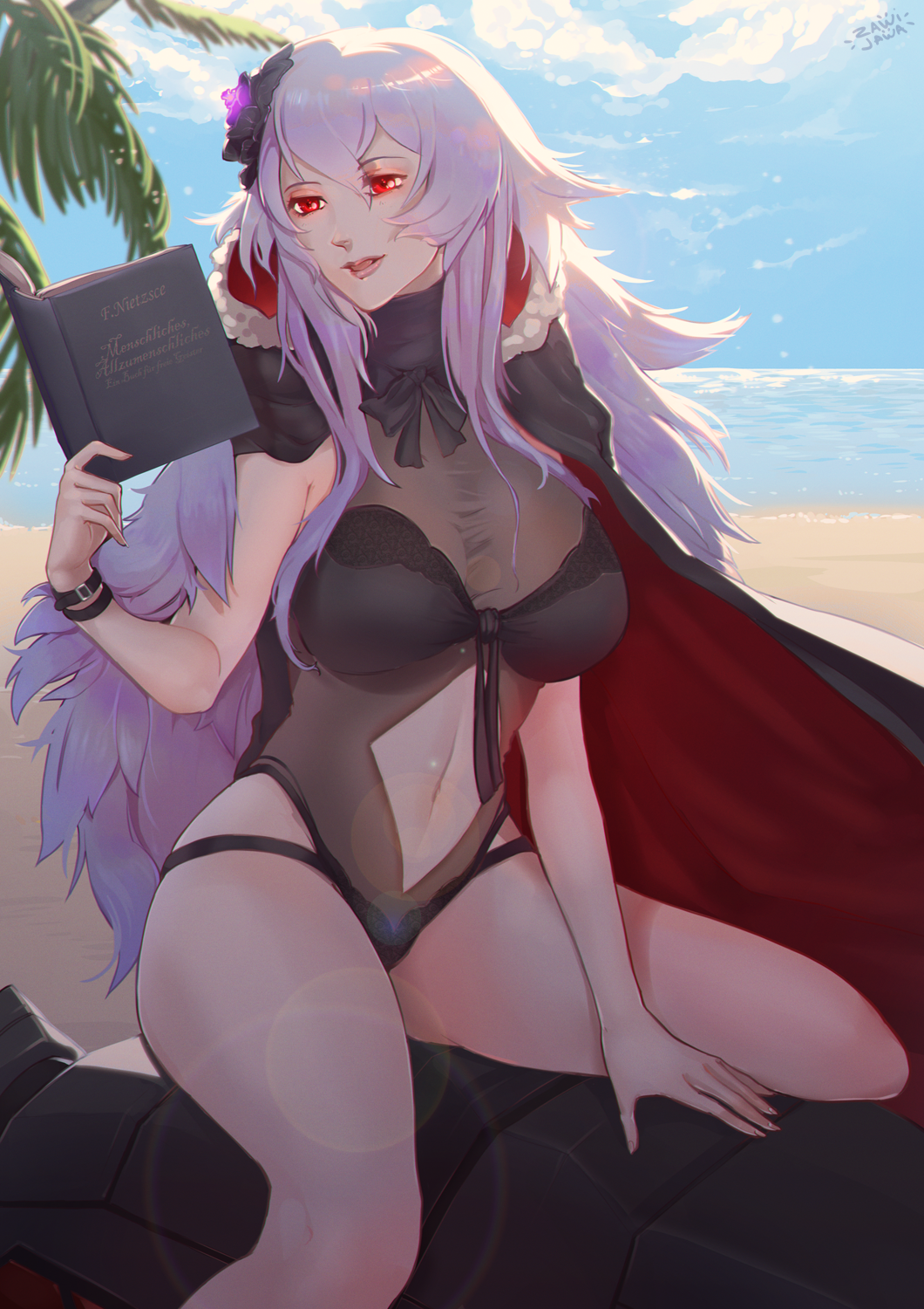 1girl azur_lane bangs beach blue_sky book breasts cape center_opening cleavage clouds cloudy_sky commentary english_commentary eyebrows_visible_through_hair flower fur_trim graf_zeppelin_(azur_lane) hair_between_eyes hair_flower hair_ornament highres holding holding_book large_breasts long_hair navel ocean one-piece_swimsuit open_mouth outdoors palm_tree pink_lips red_eyes signature silver_hair sky solo swimsuit tree wristband zawijawa