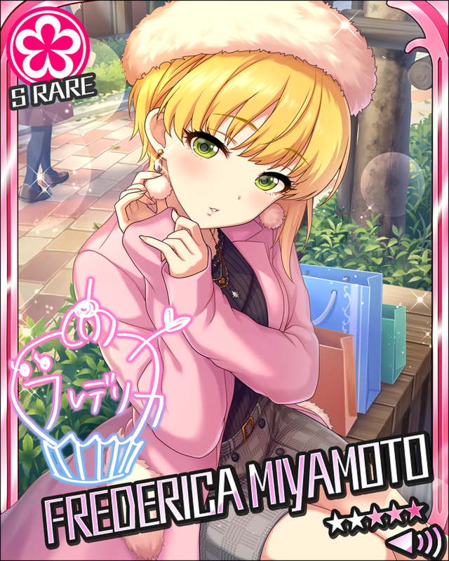 blonde_hair blush character_name green_eyes idolmaster idolmaster_cinderella_girls jacket miyamoto_frederica short_hair stars