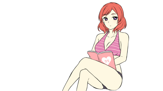 1girl bangs bikini black_bikini_bottom book breasts cleavage eyebrows_visible_through_hair fuyu_rin invisible_chair legs_crossed love_live! love_live!_school_idol_project medium_breasts nishikino_maki open_book purple_bikini reading redhead short_hair simple_background sitting solo striped_bikini_top swept_bangs swimsuit violet_eyes white_background