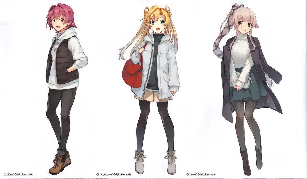 3girls abukuma_(kantai_collection) bag bangs black_ribbon blonde_hair blue_eyes casual casual_suit denim double_bun green_eyes grey_hair hair_between_eyes hair_flaps hair_ribbon hair_rings handbag hood hoodie hoodie_vest jacket jeans kantai_collection kinu_(kantai_collection) konishi_(koconatu) long_hair multiple_girls official_art orange_eyes pants pantyhose pleated_skirt ponytail redhead ribbon scan scan_artifacts short_hair side_ponytail skirt very_long_hair vest yura_(kantai_collection)