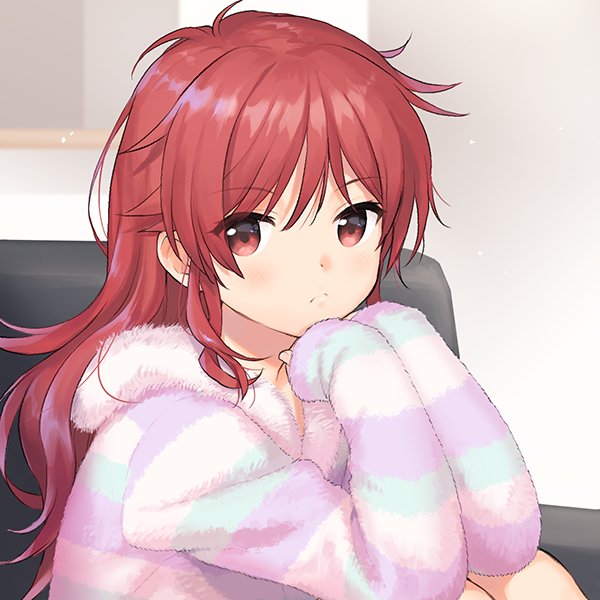 1girl bangs blush chigusa_asuha chin_rest couch frown hair_down hood hood_down hooded_pajamas indoors long_hair long_sleeves looking_at_viewer pajamas qualidea_code red_eyes redhead sekiya_asami sidelocks sitting solo