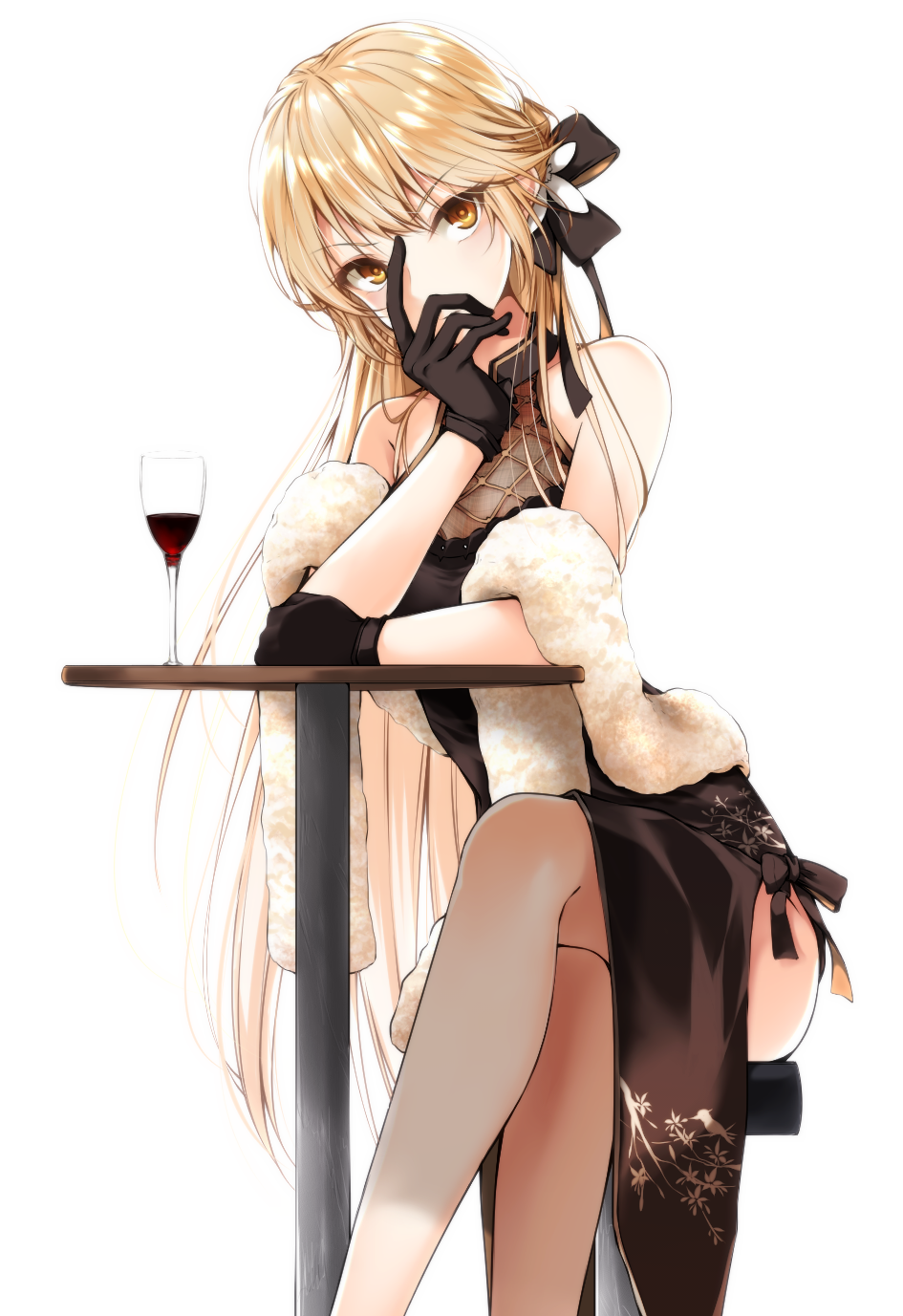 1girl bare_shoulders black_bow black_dress black_gloves blonde_hair bow cup dress drinking_glass eyebrows_visible_through_hair fur_trim girls_frontline gloves hair_bow halterneck hand_on_own_face highres long_hair looking_at_viewer mage_(335656) ots-14_(girls_frontline) ribbon sitting sleeveless solo table white_background wine_glass yellow_eyes