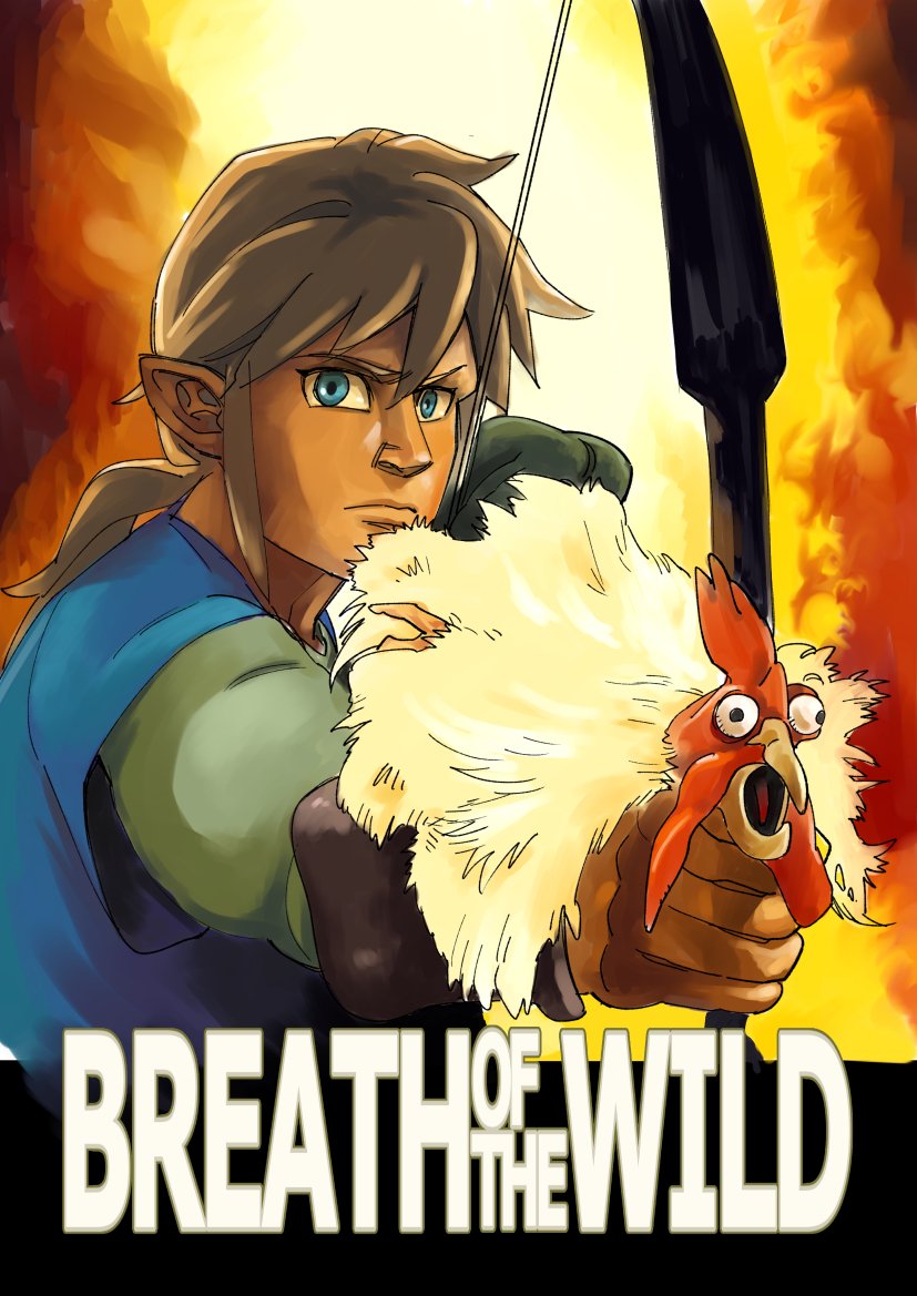 1boy bird blue_eyes bow_(weapon) cucco fire hot_shots!_part_deux link nintendo parody pointy_ears the_legend_of_zelda the_legend_of_zelda:_breath_of_the_wild tibonobannsann tunic weapon