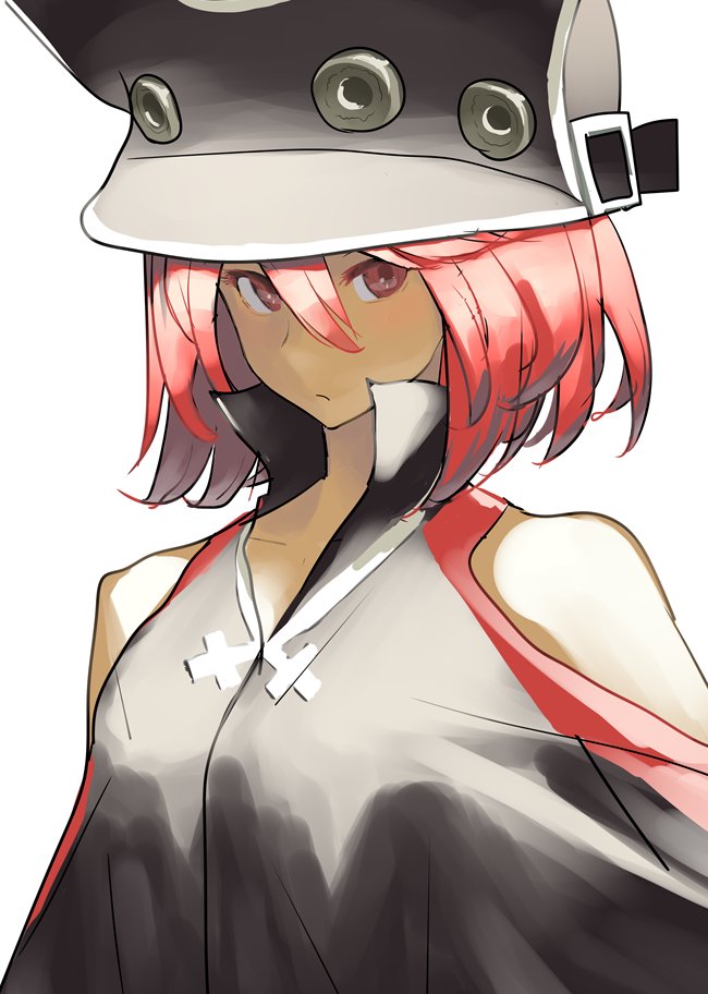 1girl big_hat cape closed_mouth dark_skin expressionless guilty_gear guilty_gear_xrd hat looking_at_viewer ramlethal_valentine red_eyes redhead short_hair simple_background solo white_background zaki_(narashigeo)