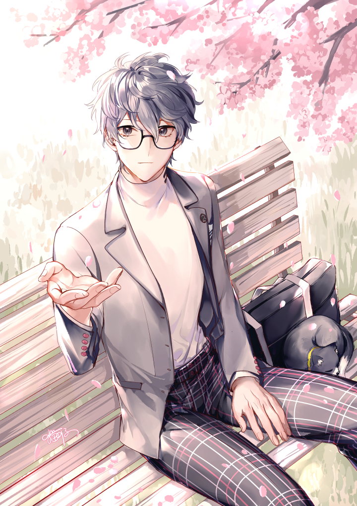 1boy amamiya_ren bench black-framed_eyewear black_pants cat cherry_blossoms day glasses grey_eyes grey_jacket hair_between_eyes jacket looking_at_viewer male_focus maokezi morgana_(persona_5) open_clothes open_jacket outdoors pants persona persona_5 print_pants shirt silver_hair sitting solo white_shirt