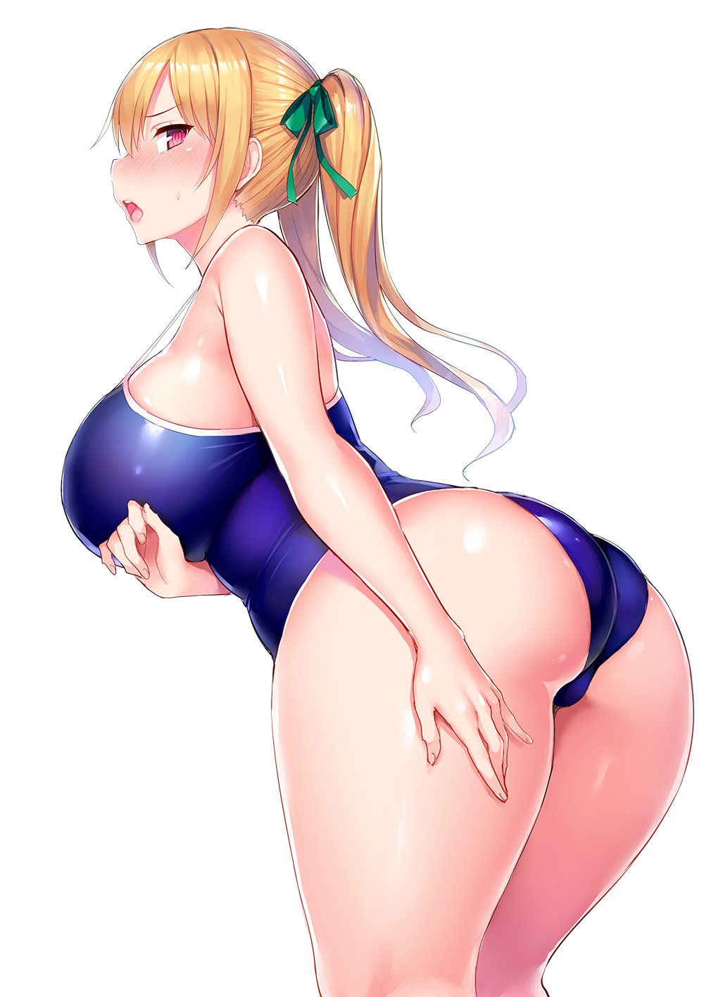 1girl arm_under_breasts ass back blonde_hair blush breasts commentary_request cowboy_shot eyebrows_visible_through_hair green_ribbon highres large_breasts long_hair looking_at_viewer looking_back one-piece_swimsuit open_mouth original plump ponytail red_eyes ribbon simple_background skindentation solo standing sweatdrop swimsuit tsukumiya_amane white_background