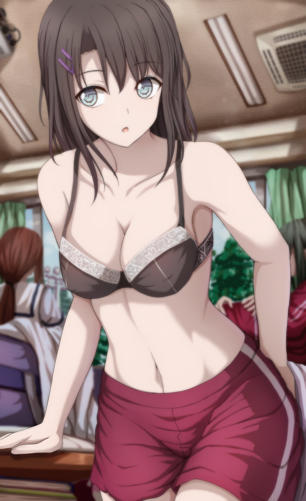 3girls :o bang_dream! bare_arms bare_shoulders black_bra blue_eyes blurry blurry_foreground book bra breasts brown_hair ceiling_light cleavage collarbone commentary_request covered_nipples cowboy_shot curtains day depth_of_field facing_away green_hair gym_shorts hair_ornament hairclip highres indoors long_hair looking_at_viewer medium_breasts multiple_girls narafume navel okusawa_misaki parted_lips ponytail red_shorts school_uniform shorts standing stomach underwear window
