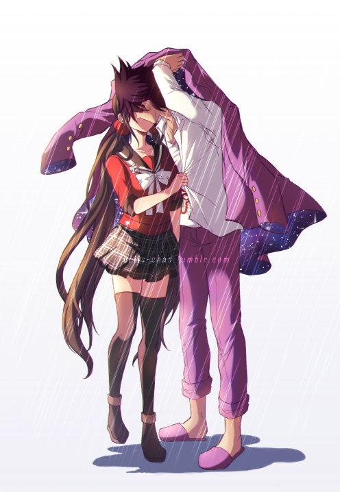 1boy 1girl black_legwear black_sailor_collar black_skirt brown_hair collarbone criis-chan dangan_ronpa dress_shirt full_body hair_ornament harukawa_maki kiss long_hair miniskirt momota_kaito new_dangan_ronpa_v3 open_clothes open_shirt pants pleated_skirt purple_pants red_shirt sailor_collar shirt simple_background skirt standing thigh-highs twintails very_long_hair watermark web_address white_background white_neckwear white_shirt zettai_ryouiki