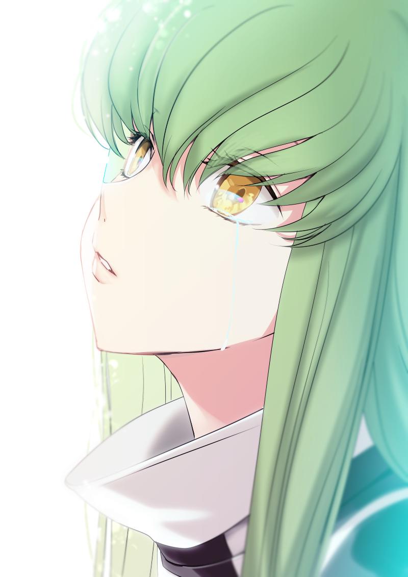 1girl c.c. code_geass creayus eyebrows_visible_through_hair green_hair hair_between_eyes long_hair looking_up parted_lips portrait profile solo tears white_background yellow_eyes