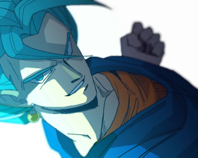 1boy blue_eyes blue_hair blurry close-up depth_of_field dragon_ball dragon_ball_super dragonball_z dutch_angle earrings face from_above grin jewelry looking_away male_focus potara_earrings shaded_face simple_background smile spiky_hair super_saiyan_blue tako_jirou upper_body vegetto white_background