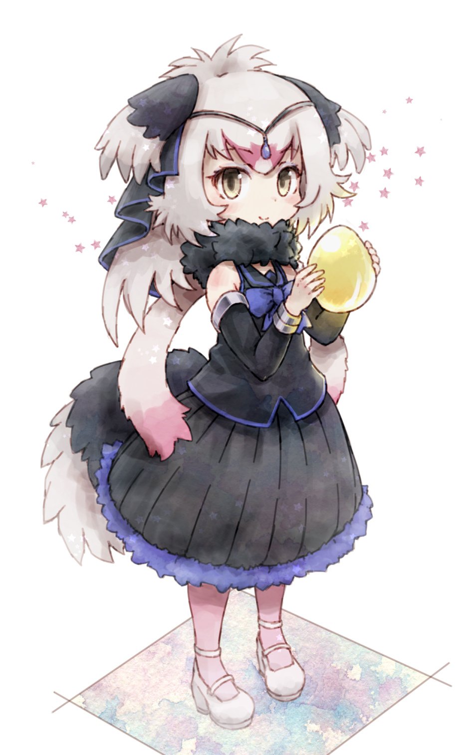 1girl bare_shoulders bird_tail bird_wings black_hair blush bow bowtie bubble_skirt commentary_request detached_sleeves eyebrows_visible_through_hair full_body fur_collar fur_trim golden_egg hair_ornament head_wings high_heels highres kemono_friends kolshica long_skirt multicolored_hair ostrich_(kemono_friends) pantyhose redhead short_hair skirt solo star white_hair wings yellow_eyes