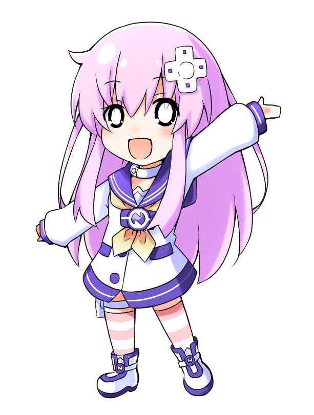 1girl arm_up chibi collar commentary_request d-pad d-pad_hair_ornament doria_(5073726) dress eyebrows_visible_through_hair hair_between_eyes hair_ornament long_hair long_sleeves looking_at_viewer neckerchief nepgear neptune_(series) open_mouth purple_hair sailor_collar sailor_dress shoes sidelocks simple_background smile solo striped striped_legwear thigh-highs thigh_strap white_background white_dress white_footwear yellow_neckwear zettai_ryouiki