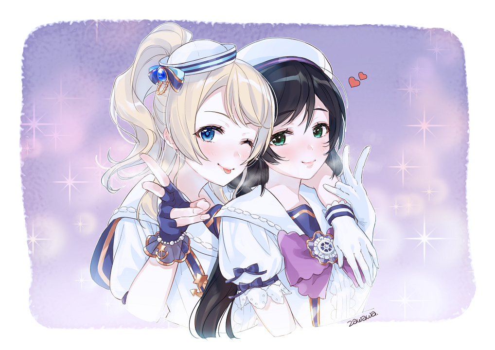 ;p anchor_symbol arm_around_shoulder ayase_eli black_hair blonde_hair blue_bow blue_eyes blue_gloves blue_neckwear blush bow bowtie fingerless_gloves frilled_gloves frills gloves green_eyes hand_on_another's_arm hat hat_bow heart long_hair looking_at_viewer love_live! love_live!_school_idol_project mismatched_gloves one_eye_closed ponytail purple_background sailor_collar sailor_hat ship's_wheel short_sleeves sidelocks smile sparkle tongue tongue_out toujou_nozomi upper_body v white_gloves yuri zawawa_(satoukibi1108)
