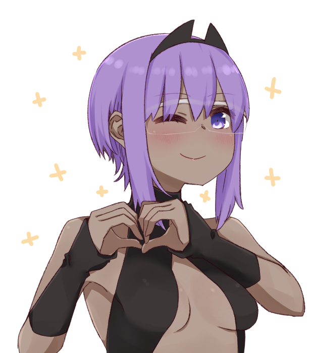 1girl ;) bare_shoulders black_leotard blush breasts fate/prototype fate/prototype:_fragments_of_blue_and_silver fate_(series) glasses hassan_of_serenity_(fate) heart heart_hands i.u.y leotard one_eye_closed purple_hair simple_background small_breasts smile solo upper_body violet_eyes white_background