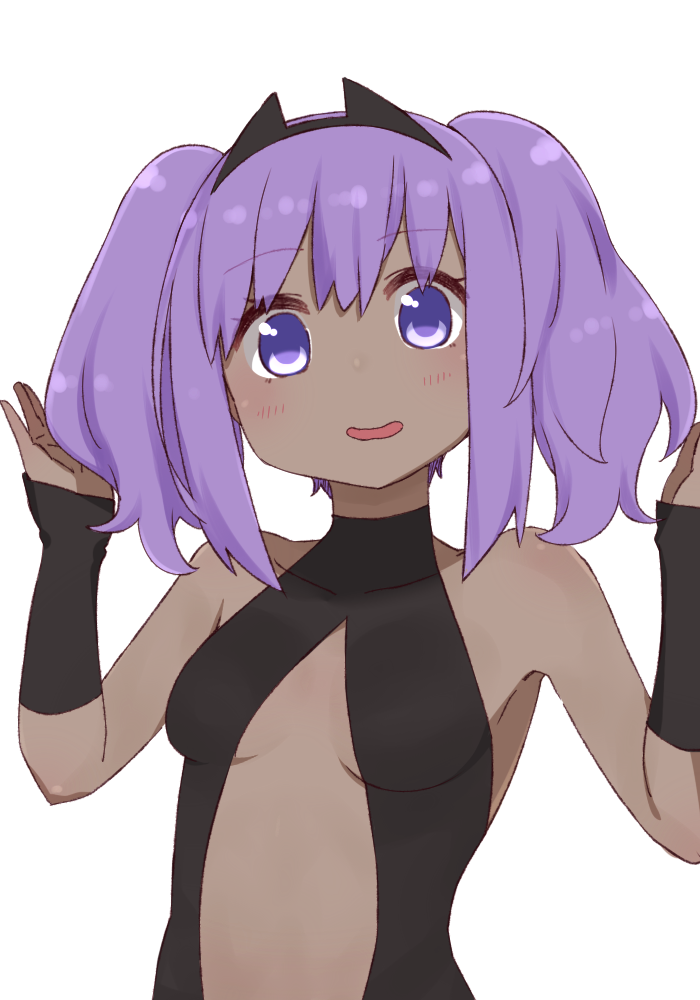 1girl :d alternate_hairstyle bare_shoulders black_leotard blush breasts collarbone covered_collarbone dark_skin fate/prototype fate/prototype:_fragments_of_blue_and_silver fate_(series) hands_up hassan_of_serenity_(fate) head_tilt i.u.y leotard open_mouth purple_hair simple_background small_breasts smile solo twintails upper_body violet_eyes white_background