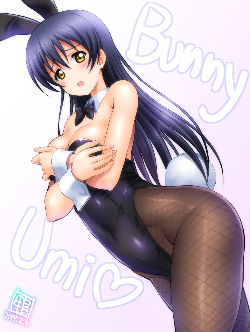 1girl animal_ears bangs bare_shoulders black_leotard blue_hair blush bow bowtie breasts bunny_girl bunny_tail bunnysuit commentary_request covered_navel covering covering_breasts dated detached_collar eyebrows_visible_through_hair fake_animal_ears fishnet_pantyhose fishnets hair_between_eyes kamogawa_tanuki leotard long_hair looking_at_viewer love_live! love_live!_school_idol_project medium_breasts open_mouth pantyhose rabbit_ears shiny shiny_hair shiny_skin solo sonoda_umi standing strapless strapless_leotard tail wrist_cuffs yellow_eyes