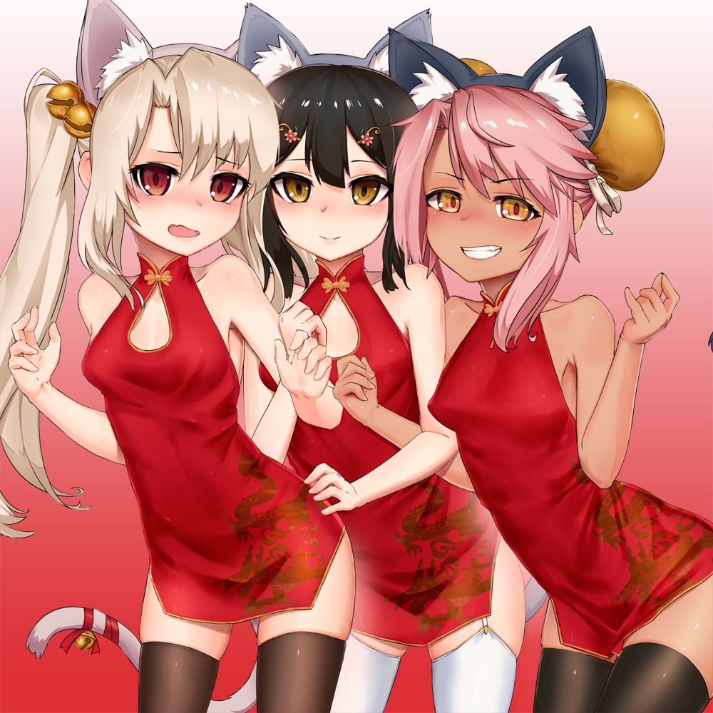 3girls alternate_hairstyle animal_ears bangs bare_shoulders bell black_hair black_legwear blush bun_cover carbon12th cat_ears cat_tail china_dress chinese_clothes chloe_von_einzbern cleavage_cutout closed_mouth contrapposto covered_nipples cowboy_shot dark_skin double_bun dress eyebrows_visible_through_hair fake_animal_ears fang fate/kaleid_liner_prisma_illya fate_(series) garter_straps gradient gradient_background grin hair_between_eyes hair_ornament hairclip illyasviel_von_einzbern jingle_bell looking_at_viewer miyu_edelfelt multiple_girls nose_blush open_mouth pink_hair red_dress red_eyes short_dress smile tail tail_bell thigh-highs twintails white_hair white_legwear yellow_eyes