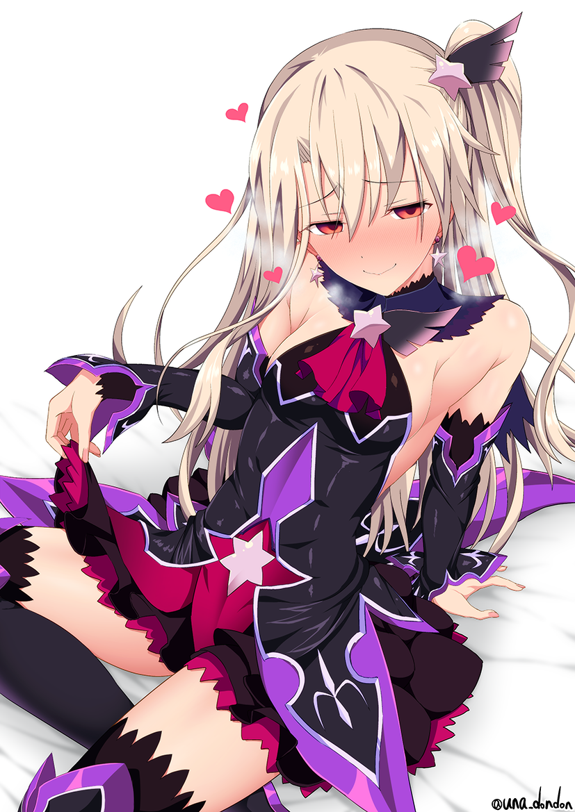 1girl alternate_color bare_shoulders bed blush breasts dress earrings fate/grand_order fate/kaleid_liner_prisma_illya fate_(series) heart illyasviel_von_einzbern jewelry long_hair magical_girl on_bed red_eyes side_ponytail sideboob simple_background sitting sitting_on_bed skirt skirt_lift smile solo star star_earrings thigh-highs unadon white_background white_hair zettai_ryouiki