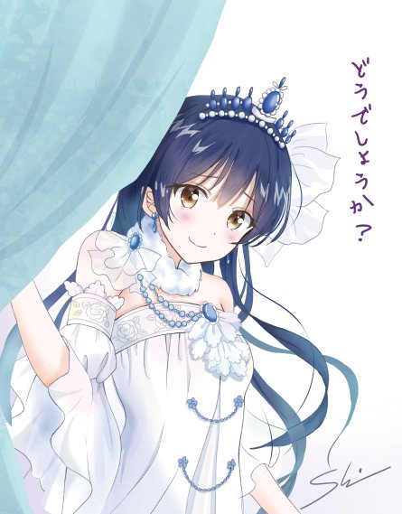 1girl bangs bare_shoulders blue_hair blush closed_mouth commentary_request detached_sleeves dress earrings eyebrows_visible_through_hair hair_between_eyes jewelry long_hair looking_at_viewer love_live! love_live!_school_idol_festival love_live!_school_idol_project shino_(shinderera) simple_background smile solo sonoda_umi strapless strapless_dress tiara upper_body veil wedding_dress white_background white_dress