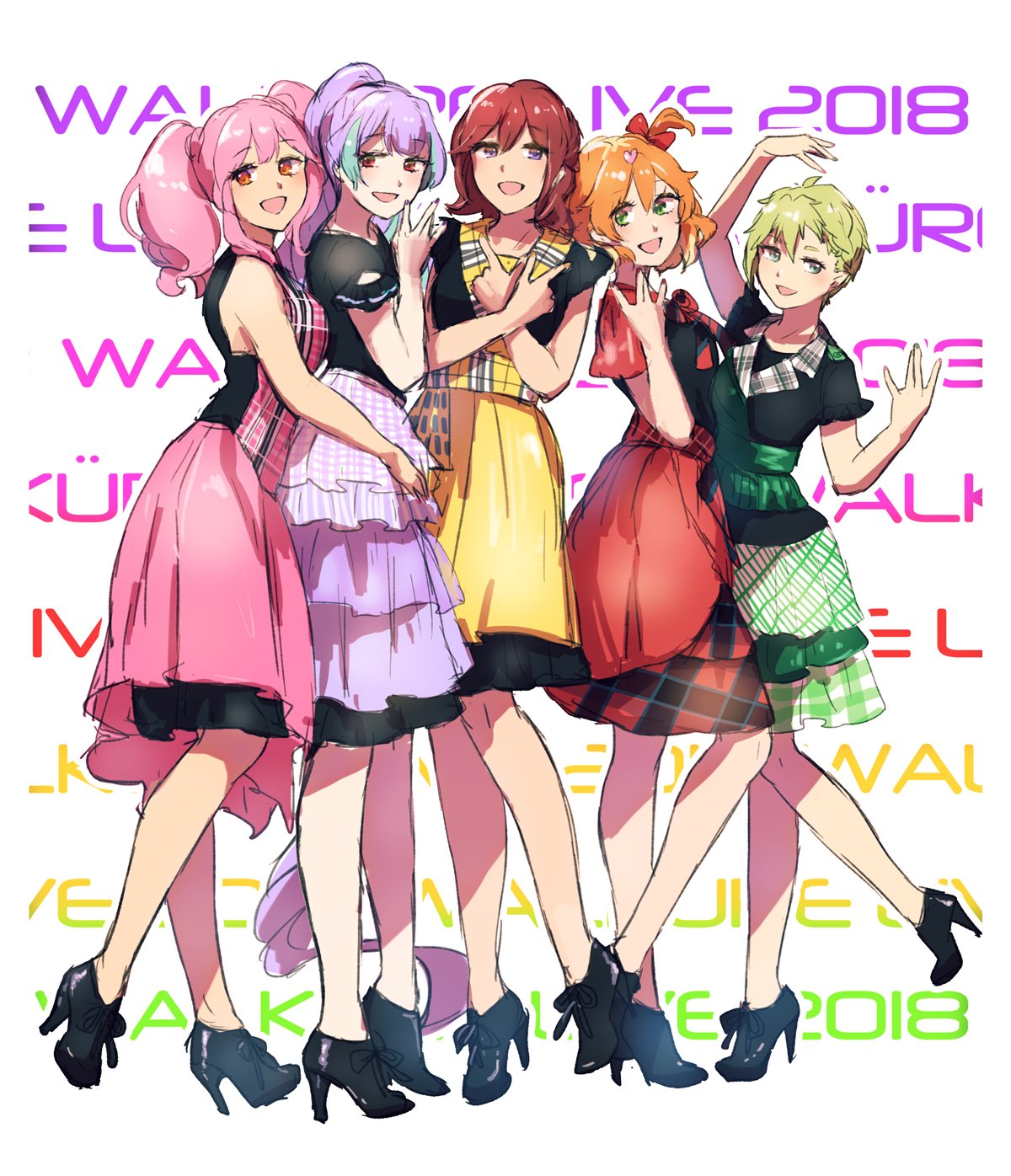 2018 5girls :d arm_up black_footwear black_shirt bow braid brown_eyes brown_hair eyebrows_visible_through_hair freyja_wion full_body green_hair hair_between_eyes hair_bow hair_ornament heart heart_hair_ornament high_heels high_ponytail highres kaname_buccaneer layered_skirt leg_up long_hair looking_at_viewer macross macross_delta makina_nakajima mikumo_guynemer multiple_girls one_side_up open_mouth orange_eyes pink_hair pink_skirt pointy_ears protected_link purple_hair purple_skirt red_bow red_skirt redhead reina_prowler shimatani_azu shiny shiny_hair shirt short_hair sketch skirt sleeveless sleeveless_shirt smile standing twintails